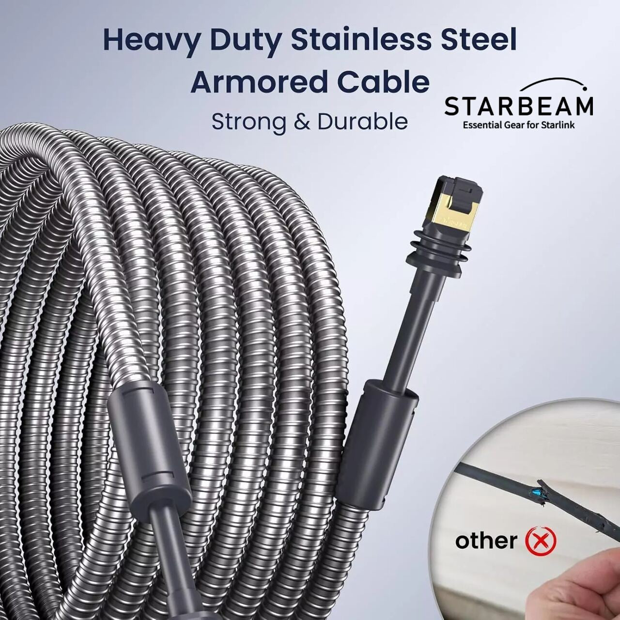 STARBEAM Starlink Gen3 Outdoor Armoured Stainless Steel Sleeve Ethernet Cable 23m