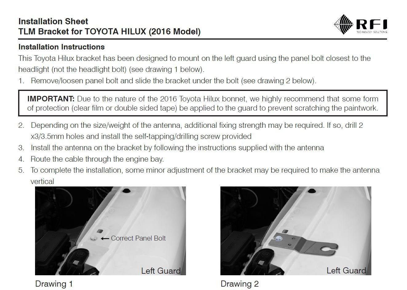 RFi TLM-HL-L Fender Mount Bracket - 2016 Totyota Hilux RFI