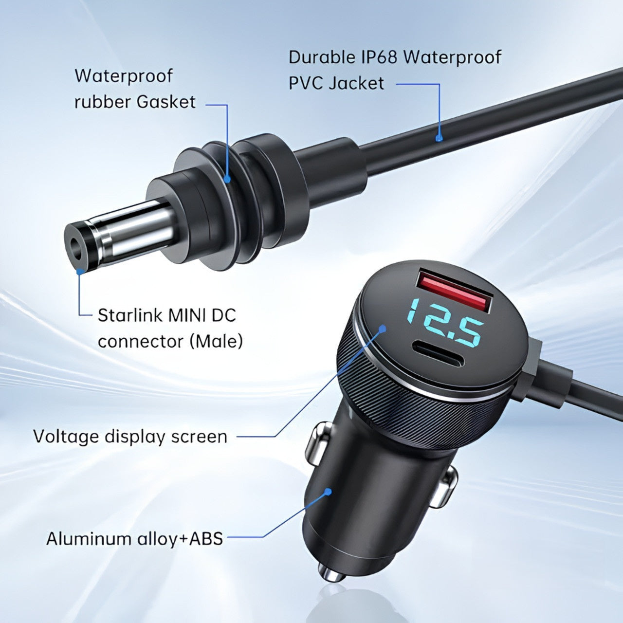 Starlink Mini 12/24V DC 3m LCD Screen Cigarette Lighter Power Cable